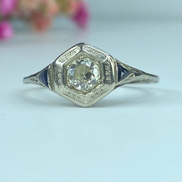 Art Deco 18K 0.45ct G/VS1 Old Euro Diamond and Sapphire Filigree Ring s8.5 JR433